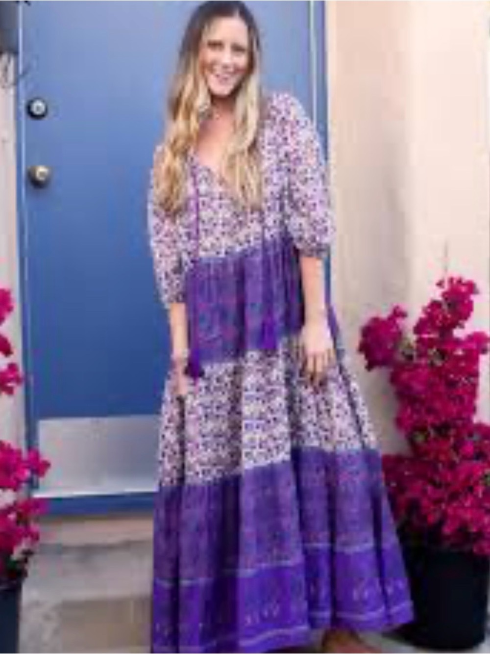 Natural Life Boho Maxi Dress S Purple Floral Tiered Tassel Cotton Cottagecore - Picture 4 of 10
